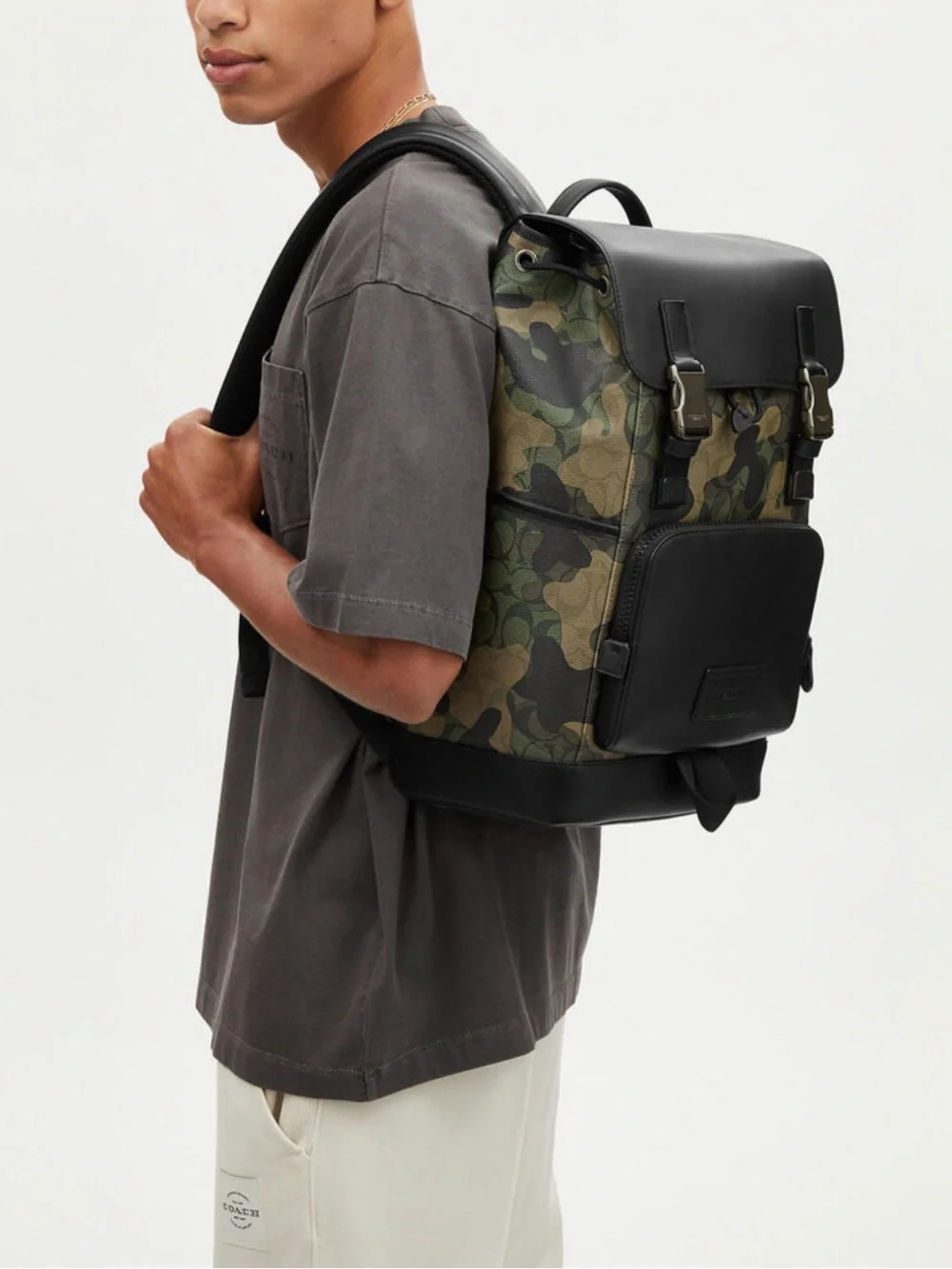 Coach Camouflage Canvas Backpack with Black Leather Trim